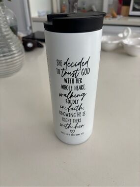 Inspirational White Travel Tumbler with Black Lid - Faith Quote
